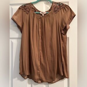 Philosophy Women's Tan Blouse with Lace Detail